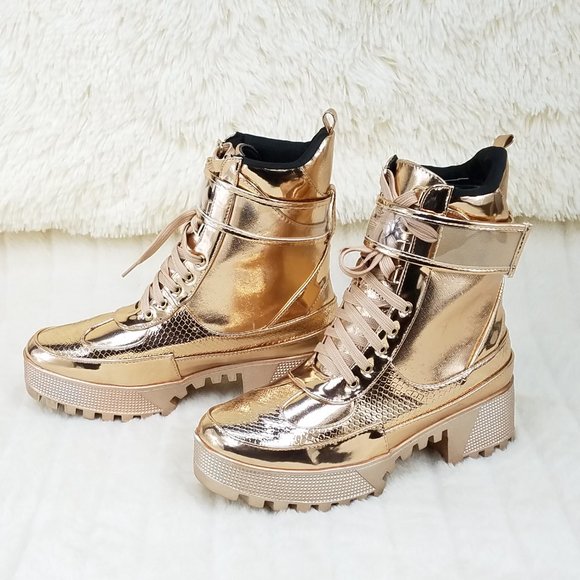 SIZE 11 Lynn Rose Gold Champagne Lug Sole Combat Boots - Picture 8 of 12